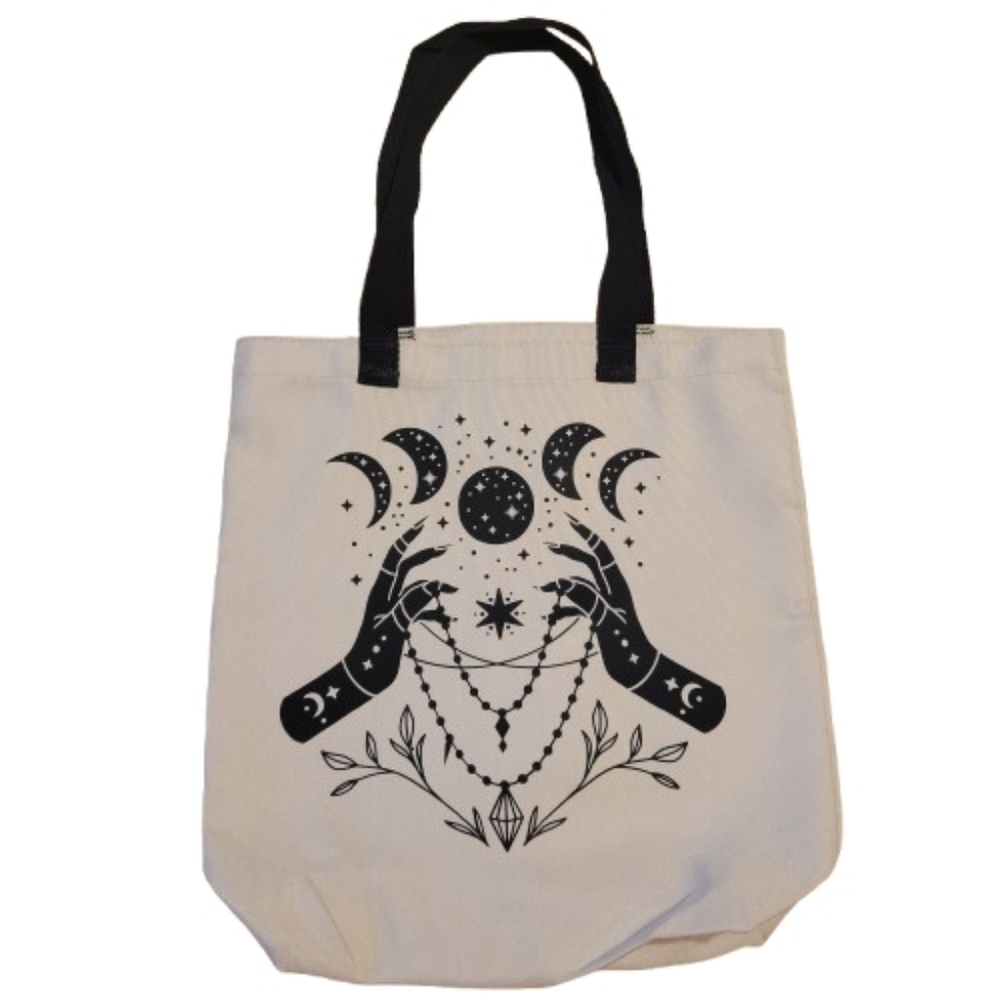 Mystical Black and Cream Celestial 100% Polyester Tote Bag